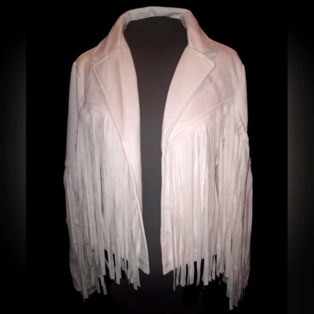 Women's no closure white Chic Cropped Tassel Fringe Faux Suede Moto Jacket